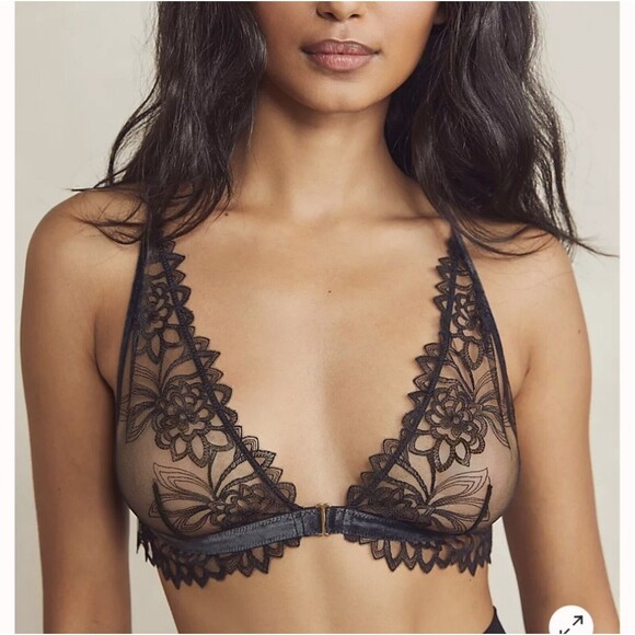 Free People Women Size XS Black Amelie Lace Bralette Semi Sheer Front Close - Picture 1 of 6